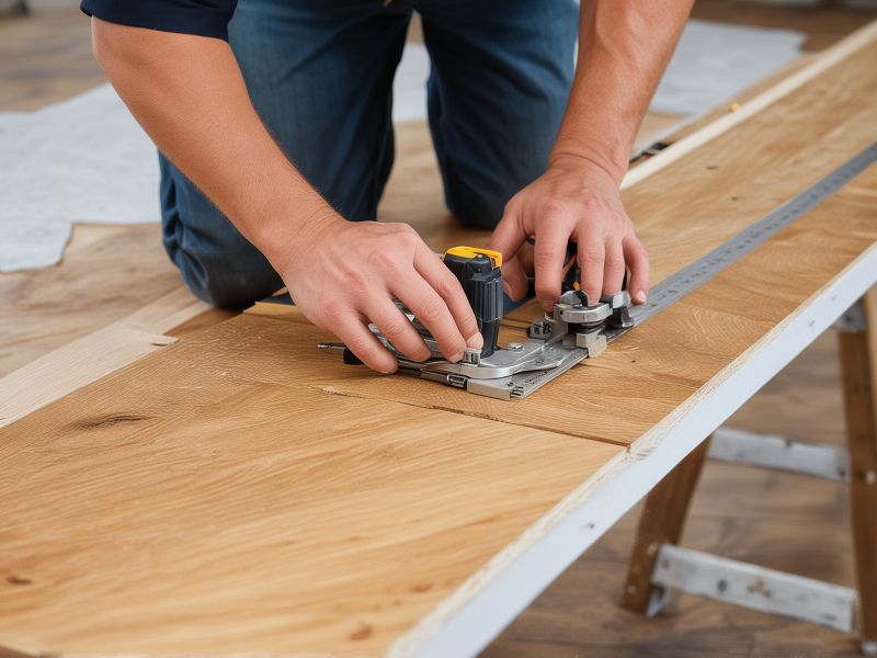 Professional hardwood floor installation showing expert craftsmen measuring, cutting, and fitting premium oak planks with precision tools