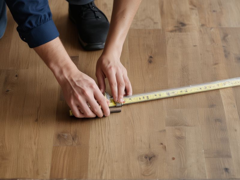 Professional flooring installation service showing skilled worker measuring and installing hardwood floors in modern home interior
