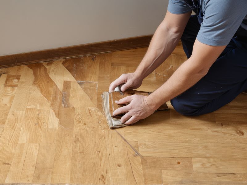 Professional floor repair showing damaged plank replacement with seamless color matching and surface restoration to original condition
